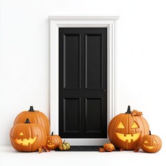 Obraz premium A spooky Halloween scene featuring a black door and a collection of carved pumpkins with glowing faces.