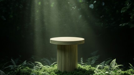 A wooden podium sits in a mystical forest, bathed in ethereal sunlight. The scene evokes a sense of nature, serenity, and the magic of the unknown. The podium provides a perfect platform to showcase p