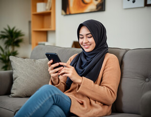 Obraz premium Happy woman in hijab using smartphone on sofa at home