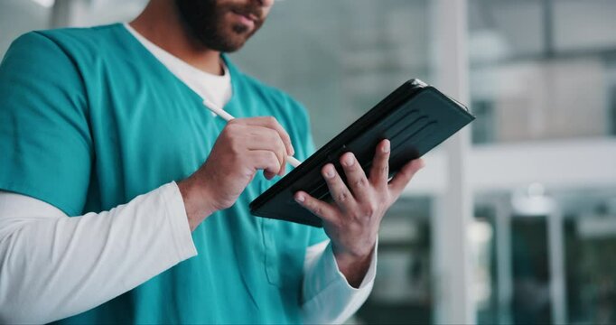 Hands, nurse and man on tablet for healthcare report, results or information in hospital. Technology, pen and medical professional on app for telehealth, research or writing email for wellness update