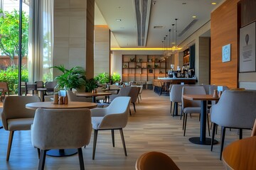 Fototapeta premium Trendy hotel lobby cafe designed for comfort and casual business meetings.