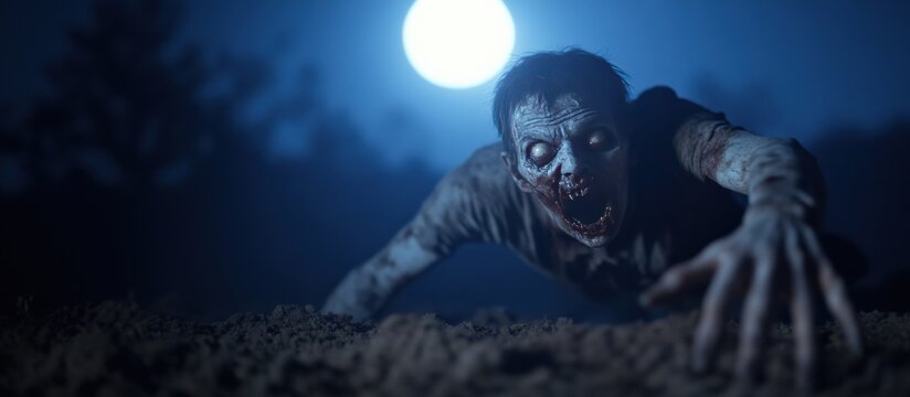A terrifying zombie emerges under the full moon, creating a haunting atmosphere filled with suspense and fear.