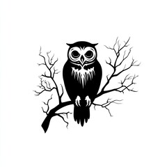 Fototapeta premium A striking black silhouette of an owl perched on a branch, surrounded by bare tree branches, symbolizing wisdom and mystery.