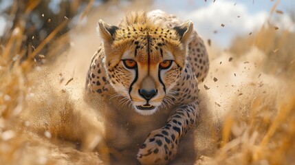 Cheetah sprinting through grass, showcasing speed and agility.