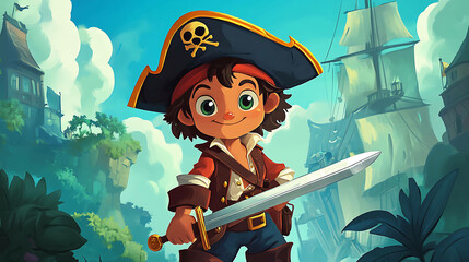 Naklejka premium A cartoon illustration of a smiling young pirate holding a sword.