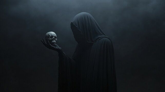 A mysterious figure in a dark cloak holds a skull, embodying themes of mortality and the unknown in a foggy atmosphere.