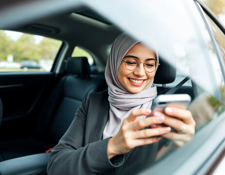 Young Asian woman in hijab using smartphone in car