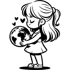 Fototapeta premium Girl carefully holds planet Earth in her hands in monochrome. Simple minimalistic vector in black ink drawing on transparent background