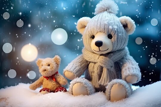 Christmas Scene: A Teddy Bear's Winter Wonderland" In the heart of winter's embrace, where snowflakes