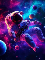 Fototapeta premium An astronaut floats weightlessly in a vast expanse of space, illuminated by vibrant nebulas and twinkling stars. Planets of various colors and sizes orbit around him, showcasing the beauty and wonder 