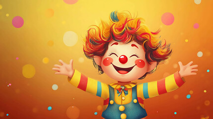 Naklejka premium A cartoon clown with colorful hair smiles with his arms outstretched in front of a yellow and orange background.