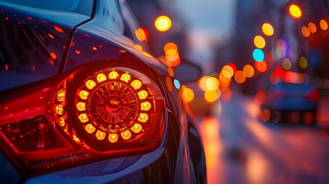 Close-up of a Car's Tail Light with City Lights in the Background