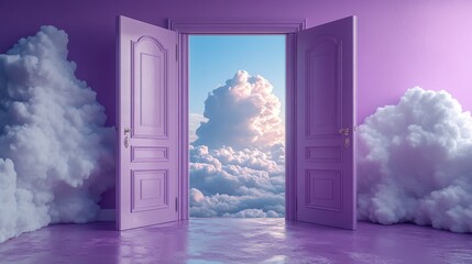 white clouds flying outside the wide open violet double doors architectural or interior element isolate on lilac backgroun dream metaphor