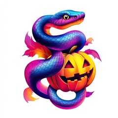 Obraz premium A vibrant illustration of a snake wrapped around a Halloween pumpkin, showcasing a colorful and playful spooky theme.
