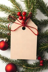 Blank card note with ribbon bow for Christmas celebration greeting.