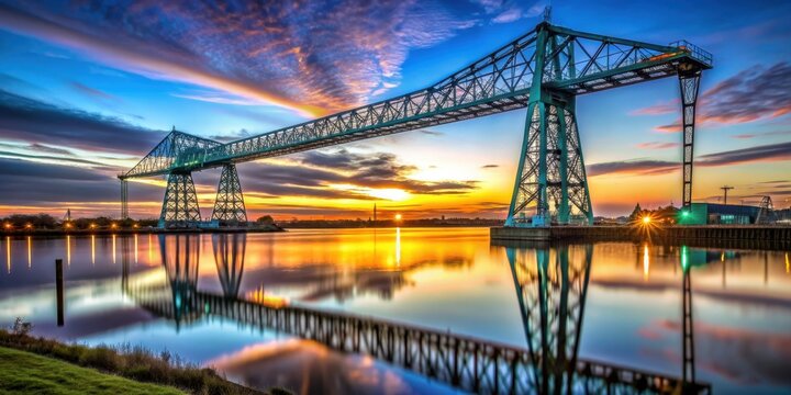 Ees Transporter Bridge at dusk in Middlesbrough, North East of England , Transporter Bridge, dusk