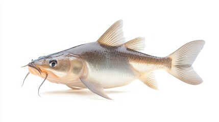 This image features a single catfish isolated against a white background. The catfish is depicted in a natural, lifelike pose, showcasing its distinctive features, including its whisker-like barbels, 
