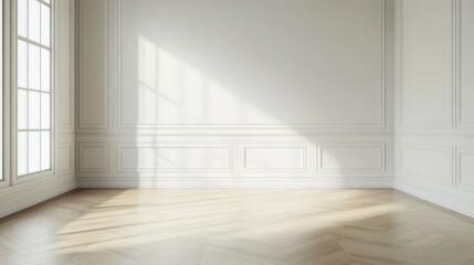 Fototapeta premium This image showcases a classic and elegant interior design with white walls and wainscoting, a wooden floor, and natural light streaming in through a window. The simple yet stylish design creates a se