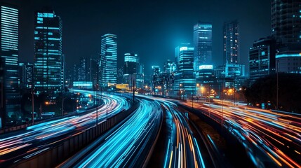 Fototapeta premium 5g and fast internet communications concept with a big futuristic city an night with high traffic movement