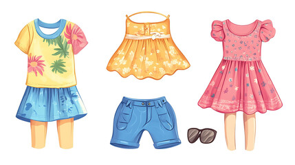 Obraz premium Set of cartoon illustrations of summer outfits for girls.