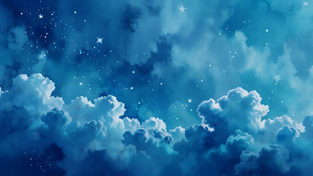 A blue and white watercoluor background with stars and clouds illustration. Envision a calming setting with a serene blue and white watercoluor background, embellished with stars and gentle cloud
