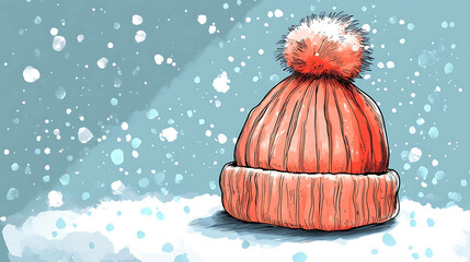 A red knit hat with a white pom-pom on a snowy background.