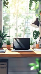 Fototapeta premium Cozy home Office Concept Showcasing Minimalist Style: A work Desk with computer, Documents, green plants and Well-Lit Interior. graphic Resources, Illustration, 