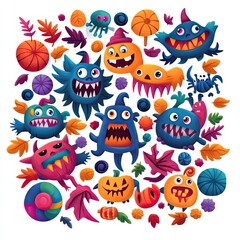Fototapeta premium Colorful cartoon monsters surrounded by autumn leaves and seasonal decorations, perfect for Halloween-themed designs and crafts.