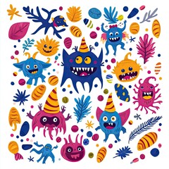 Fototapeta premium Colorful cartoon monsters in party hats, surrounded by playful elements like leaves and circles, perfect for fun designs.