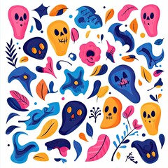 Colorful ghost and leaf patterns, perfect for Halloween designs or festive decorations, capturing a playful spooky atmosphere.