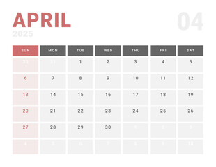 Monthly page Calendar Planner Template of April 2025. Vector layout of calendar with week start Monday for Scheduling. Page for size A4 or 21x29.7 cm