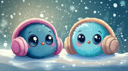 Fototapeta premium Two cute cartoon blue fluffy creatures with big eyes and headphones are in the snow.