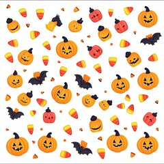 Obraz premium Colorful Halloween pattern featuring pumpkins, bats, and candy corn, perfect for festive designs and autumn-themed projects.
