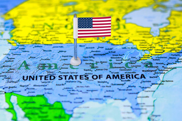 United States of America flag on the map with selective focus and shallow DOF
