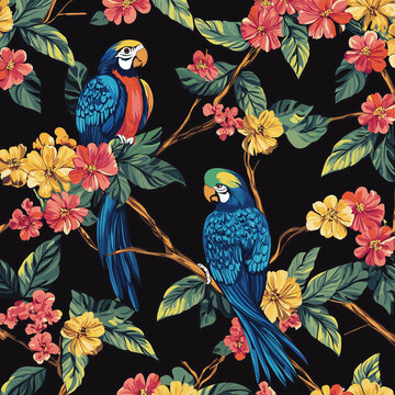 seamless pattern with parrot and flowers