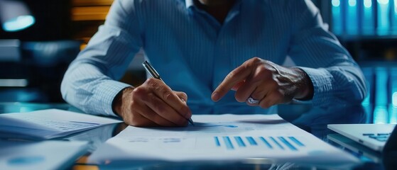 Business professional reviewing financial graphs and charts, analyzing data at a modern office desk, pointing at information with a pen.