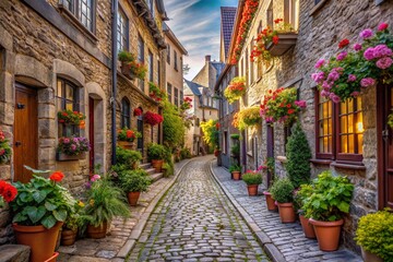 Obraz premium A narrow cobblestone street with historic buildings and hanging flower pots.