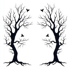 Obraz premium Silhouette of two leafless trees with birds, creating a striking contrast against a white background, perfect for artistic projects.