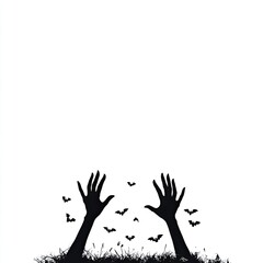Fototapeta premium Silhouetted hands emerging from grass, surrounded by bats, creating a haunting and eerie atmosphere perfect for Halloween themes.