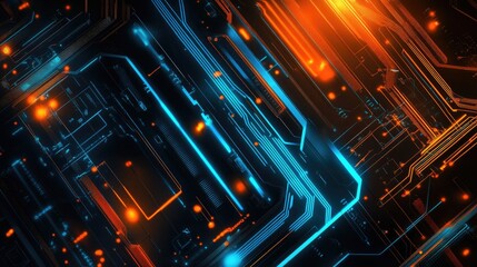 Abstract digital circuit board with glowing blue and orange lines.