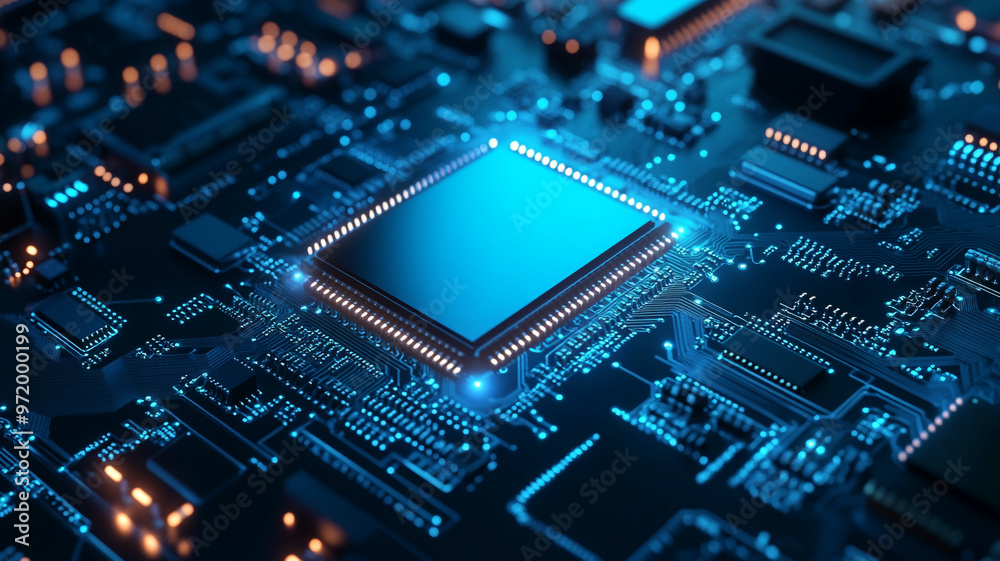Poster close-up of a glowing microprocessor on a circuit board showcasing technology in a dark environment