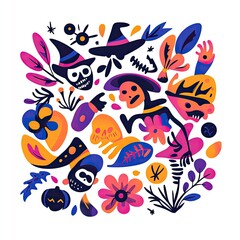 Fototapeta premium Vibrant Halloween-themed illustration featuring skeletons, witches, and floral elements in a colorful design.