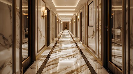 Obraz premium Luxurious hotel corridor lined with marble, leading to exclusive rooms.