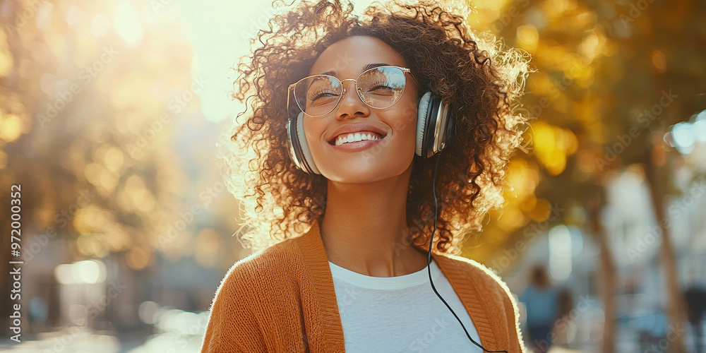 Poster a beautiful woman with curly hair, wearing glasses and headphones, generative ai