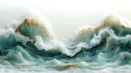 Abstract Artistic Ocean Waves in Green and Gold Generative AI