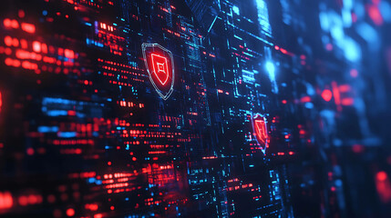 Cybersecurity digital background with red shield icons on a blue digital grid.