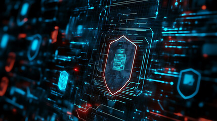 A digital shield glowing with blue light sits on a network of circuits, representing cybersecurity.