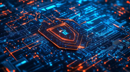 A futuristic abstract image of a shield with a lock in the middle surrounded by a circuit board.