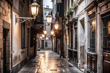 Fototapeta premium A quiet alleyway illuminated by vintage streetlights in an old district at dusk.