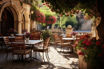Fototapeta premium Outdoor Seating: Photograph the cozy outdoor seating area with tables adorned with fresh flowers, overlooking a picturesque village square.